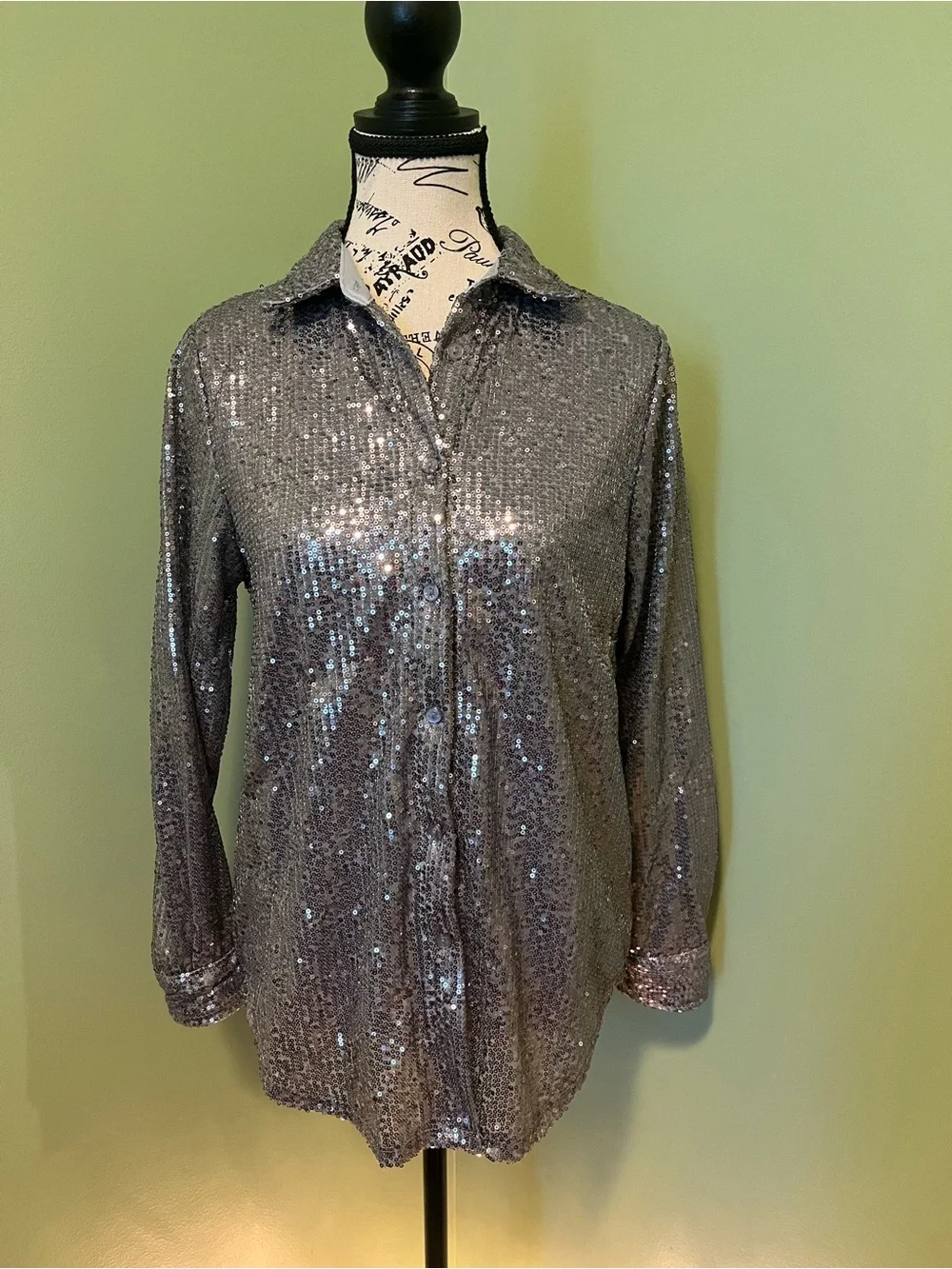Sequin Button-Front Shirt - Silver